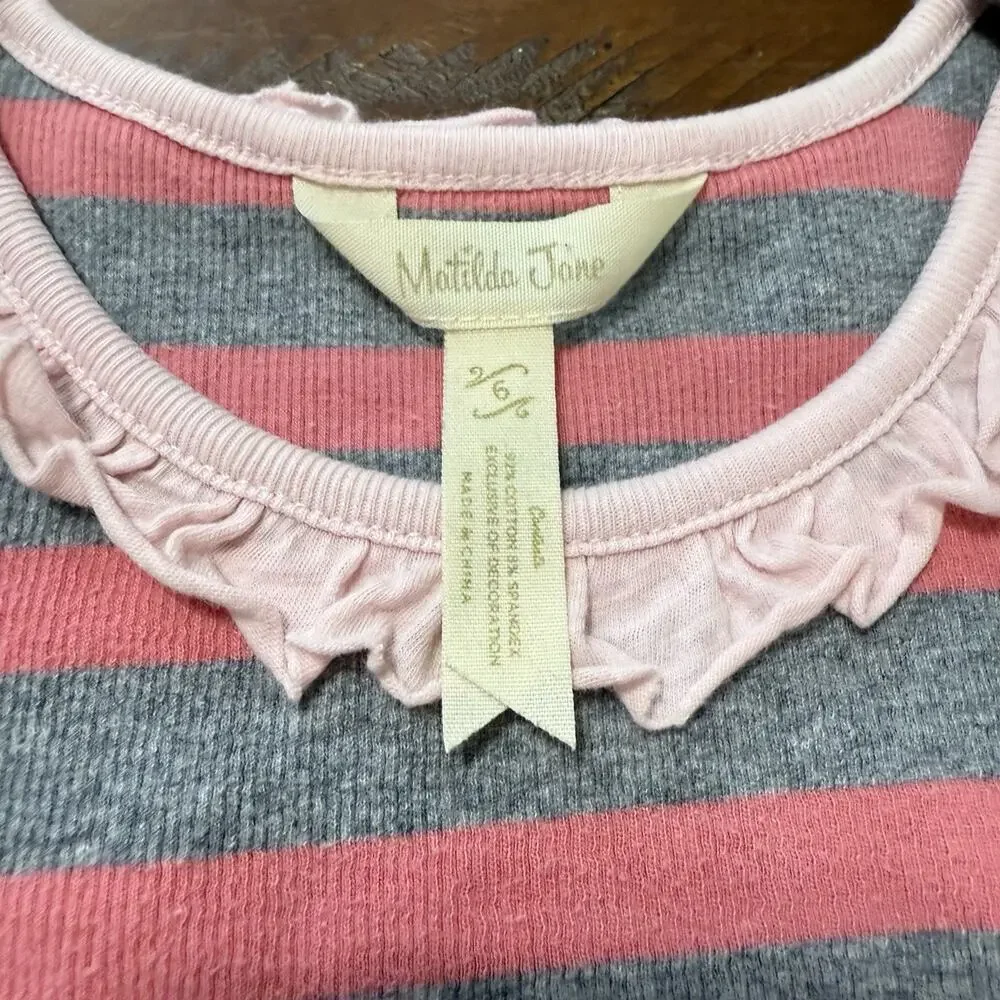 Matilda Jane Travel Log Gray Pink Striped Ruffle Tank Top Girl's 6